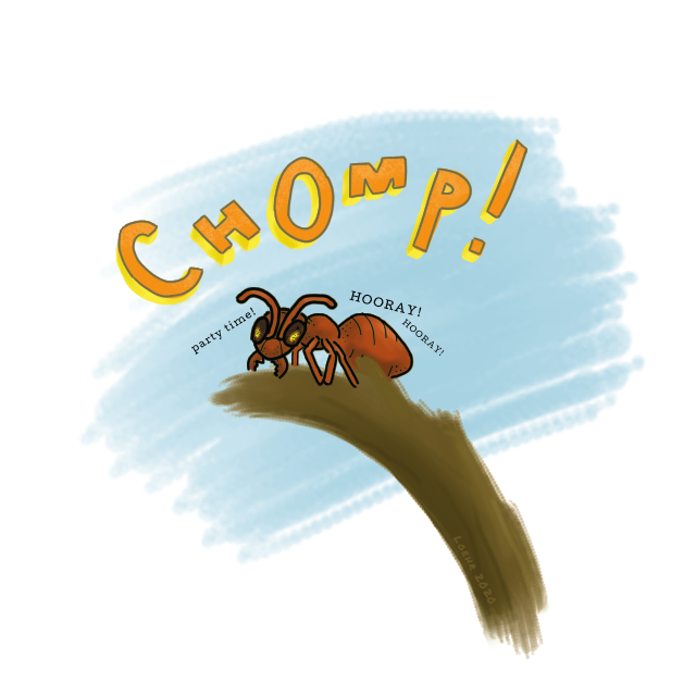 cartoon of ant chomping on branch